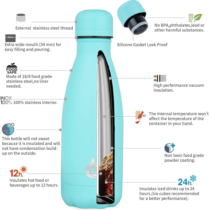 BJPKPK Insulated Water Bottle 12oz Stainless Steel Water Bottles For Travel Keep Cold And Hot,Turquoise