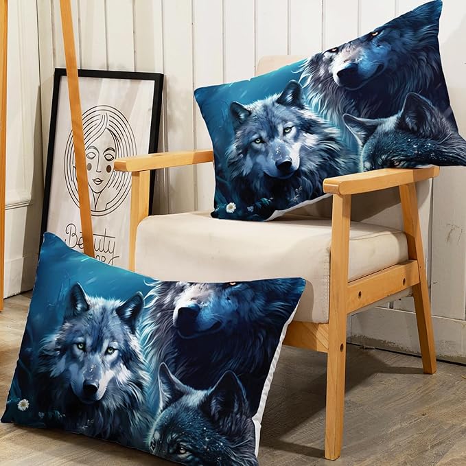 AILONEN Boys Wolf Fitted Sheet Set Twin XL Size, 3 Pieces Wildlife Bed Sheet Set,Evening Moon Wolf Sheet Set for Boys Teen Men,Wolves Print Fitted Sheet with 2 Pillowcases