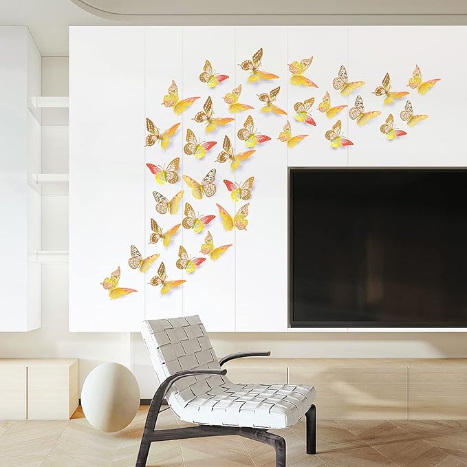 SAOROPEB 3D Butterfly Wall Decor 48 Pcs 4 Styles 3 Sizes-Butterfly Birthday Decorations&Butterfly Party Decorations&Butterfly Cake Decorations-Removable Gold Butterfly Decorations (Laser Gold)
