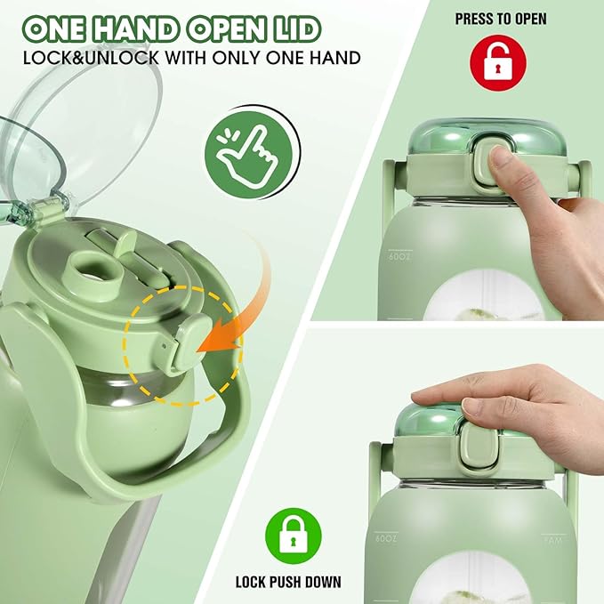 Glass Water Bottles 64 oz - Large Half Gallon Motivational Water Bottle with Time Marker Straw Phone Holder Handle, 64oz Daily Water Intake Jug with Silicone Sleeve for Office Work Gym Aqua