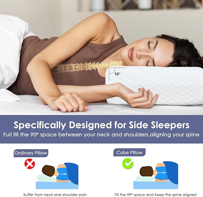 Cooling Cube Pillow for Side Sleepers Memory Foam Pillows for Neck and Shoulder Pain Relief Firm Soft Bed Pillow Dual Sided Supportive Square Rectangle Cervical Neck Pillows 24x12x4 Inches