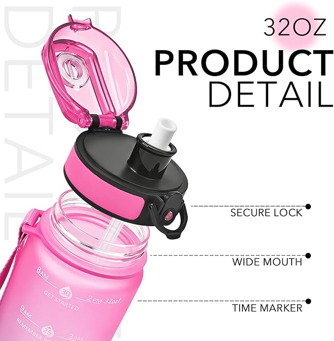 GOSWAG Water Bottles, 32 oz Motivational Sports Water Bottle with Straw and Time Marker to Remind You to Drink, Comes with Carry Strap, Leakproof