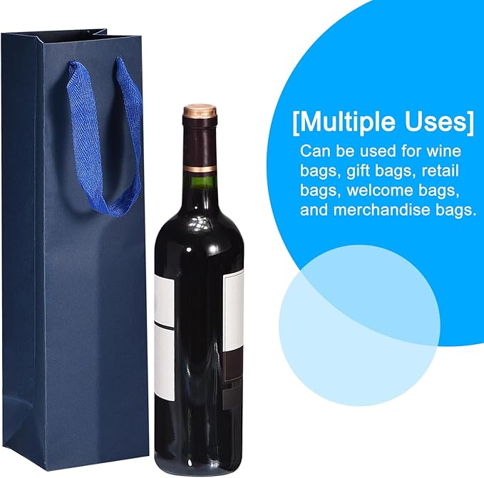 uxcell Wine Bags, 24pcs Dark Blue 4 x 4 x 14 In Wine Gift Bags with Handles Paper Wine Tote Bag for Wedding Birthday Christmas Party Supplies
