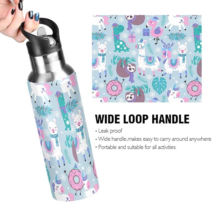 senya 20 Oz Water Bottle with Straw Animals Alpaca Llama Sloth Dinosaur Stainless Steel Water Bottle for Traveling Sports Leakproof Insulated Water Bottle