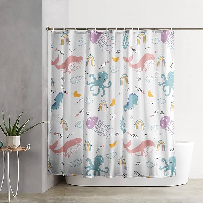 AILONEN Cartoon Dolphin Shower Curtain for Kids 72" W*84" H Inch,Cute Seahorse Rainbow Octopuses Shower Curtain,Ocean Life Theme 12 Pack Hooks Polyester Waterproof Fabric Decor for Bathroom