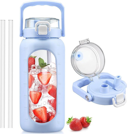 BLUEGO 64oz Glass Water Bottle with Handle and Straw, Motivational Sports Water Bottle with Time Marker and Silicone Sleeve Leakproof Drinking Bottle for Travel Gym Workout, Light Blue