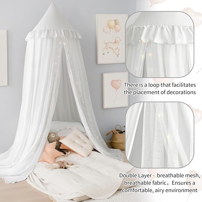 Bed Canopy with String Light, Double Layer Mosquito Net Bed Canopies White Princes Fairy Canopy Tent for Girls, Adults, Hanging Bed Tent Drapes Bed Curtains Reading Nook, 27''x108''