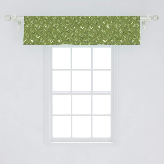 Ambesonne Olive Green Window Valance, Grunge Geometric Pattern Square Shape Diagonal Abstract Rhombus, Curtain Valance for Kitchen Bedroom Decor with Rod Pocket, 54" X 12", Olive Green