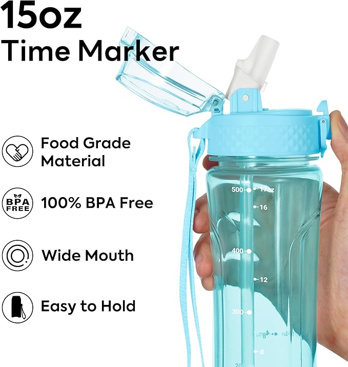 OLDLEY Kids Water Bottle with Straw 15 oz BPA-Free Leak-Proof Motivational Water Bottles with Time Marker for School Sports Travel Gym, Easy to Use for Girls Goys, 1 Straw Lid, Transparent-blue