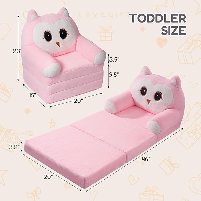 Kids Sofa Chair for Toddler, 2-in-1 Folding Soft Baby Couch with Removable Cover, Comfy Plush Children's Recliner, Convertible Floor Sofa Bed to Lounger for Girls Boys Age 1-3,Owls Pink