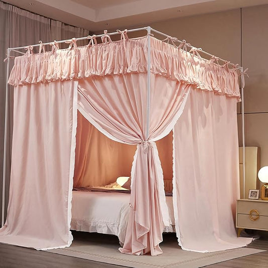 4 Corners Post Princess Ruffle Curtain Bed Canopy Lace Up Elastic Cozy Breathable Tent Mosquito Net for Girls Bedroom Decoration(Pink, 70-78" W*86" L*82" H/King)