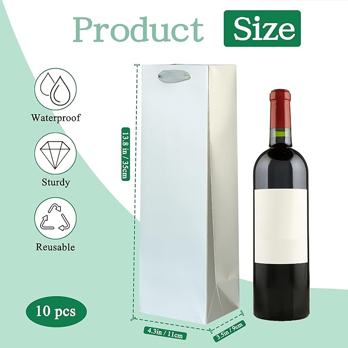 KEYYOOMY Wine Gift Bags - 10 Pack Silver Gray Kraft Paper Wine Bottle Gift Bags with Handles for Wedding Birthday Housewarming Christmas Party Supplies(10CT, 13.8x4.3x3.5 IN, Silver Gray)