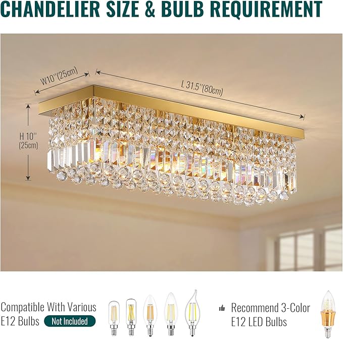 Siljoy Modern Crystal Chandelier 6-Lights Rectangle Flush Mount Pendant Ceiling Light Fixture Luxury Gold Rectangular K9 Crystal Raindrop Chandelier for Dining Living Room Kitchen Island Bar L31.5''