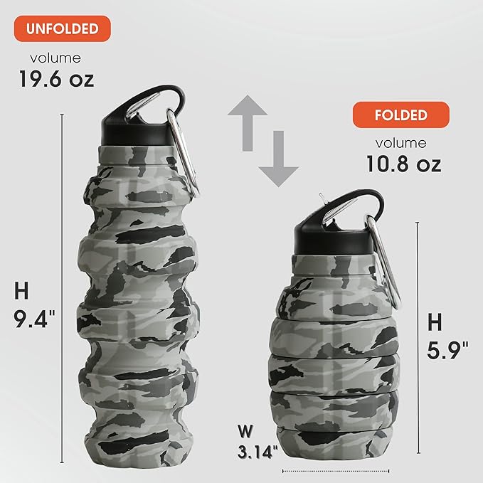 Collapsible Water Bottle 19.6oz - Gift Box, Carabiner, Leak Proof Lid - Collapsible Water Bottles for Traveling - Gifts for Husband & Veterans Day Gift - Reusable & Foldable Gift for Travelers (Gray)