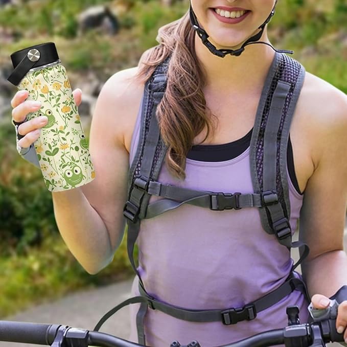 Cute Frog Insulated Water Bottle with Handle 18Oz Stainless Steel Double-Walled Thermos For Cold Drinks For Hot Beverages Vacuum Insulated Reusable Bottle