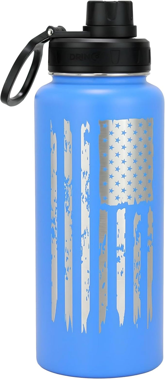 DRINCO Stainless Steel Water Bottle Spout Lid Vacuum Insulated Double Wall Water Bottle Wide Mouth Leak Proof Keep Cold Sport Camping (USA Flag) (32oz Royal Blue USA Flag, 32oz)