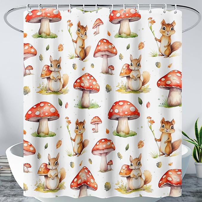 AILONEN Cartoon Mushroom Shower Curtain for Kids Girls Boys, Kawaii Squirrels with Red Mushroom Shower Curtains for Bathroom,Cute Animal Shower Curtain Set with Hooks,36" W*72" H