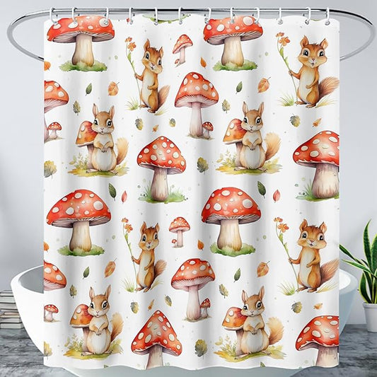 AILONEN Cartoon Mushroom Shower Curtain for Kids Girls Boys, Kawaii Squirrels with Red Mushroom Shower Curtains for Bathroom,Cute Animal Shower Curtain Set with Hooks,48" W*72" H