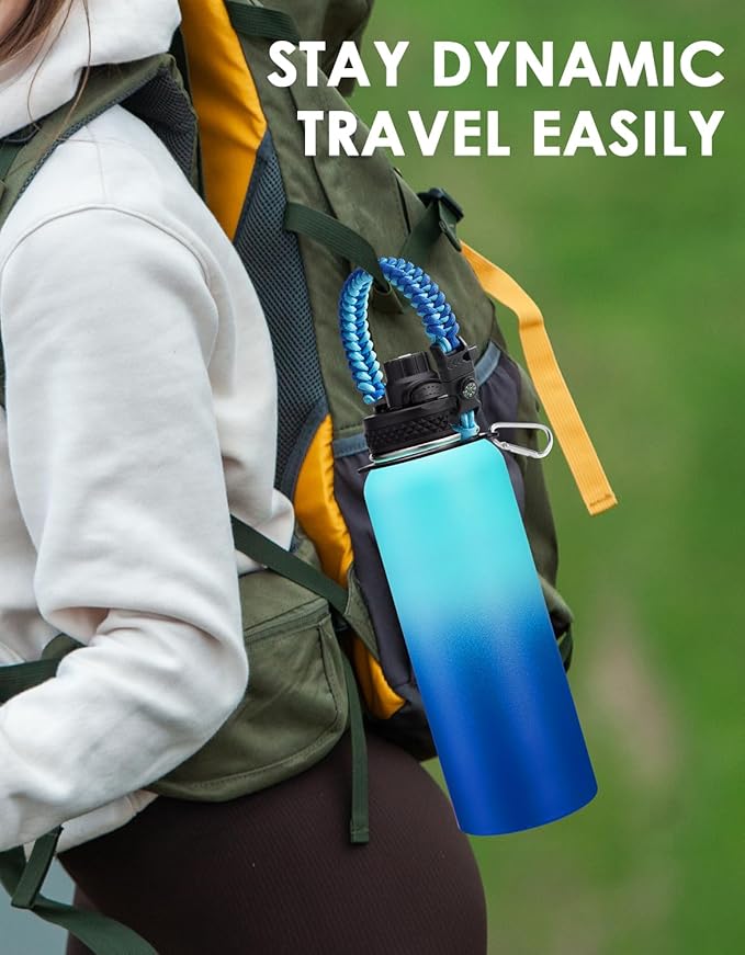 40/64oz Insulated Water Bottles with Straw - Paracord Handle & Strap Carrier, 40 oz Metal Flask Keep Cold 48Hrs, Vacuum Thermal Jug with Sling Bag for Sports Hiking Cycling Running