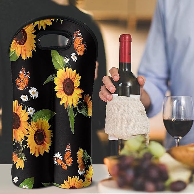 doginthehole Sunflower Butterfly Wine Bottle Carrier Reusable Wine Gift Tote Bags 2 Bottle Wine Bag for Birthday Party Wine Carry Holder Neoprene Champagne Bottle Protective Bag