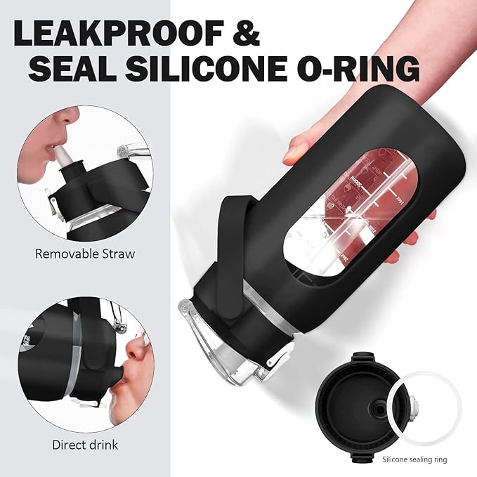 kytffu 42oz Glass Water Bottles with Straw, Motivational Glass Bottle with Silicone Sleeve and Time Marker, Leakproof Large Glass Water Jug for Gym Home Office,Black