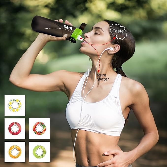 Water Bottle,650 ml scent water bottle with 5 flavor pods,Leak proof and BPA-free sports water bottle with straw,suitable for outdoor sports,0 sugar,0 calorie,Ideal gift (black)