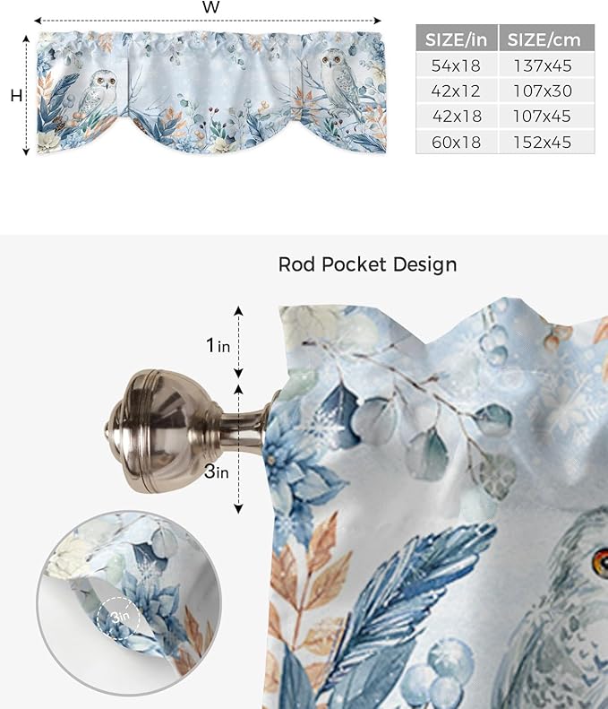 Blue Christmas Blackout Tie Up Valance Curtains for Kitchen Windows Winter Snowy Owl Poinsettia Eucalyptus Leaves Window Toppers Balloon Shades for Living Room/Bathroom/Bedroom,1 Panel, 54" X 18",