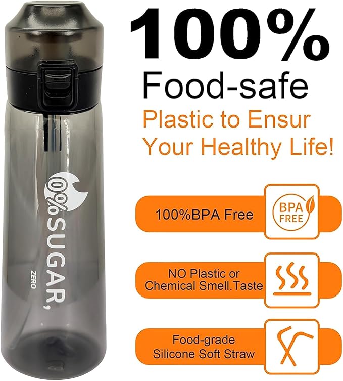 Air Scent Water Bottle Flavor Pods 650ml BPA Free Water Cup with 7 Flavour Pods Sports Water Bottle Suitable for Outdoor(Black)