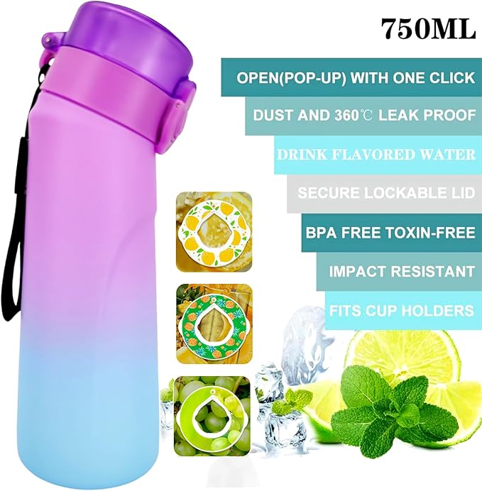 Air Water Bottle,750ML Scent Water Cup with 3 Flavour Pods,Leak Proof Sports Water Cup with Straw Suitable for Outdoor Sports,Gifts From Friends, Birthday Gifts (Gradient Purple + 3pods)