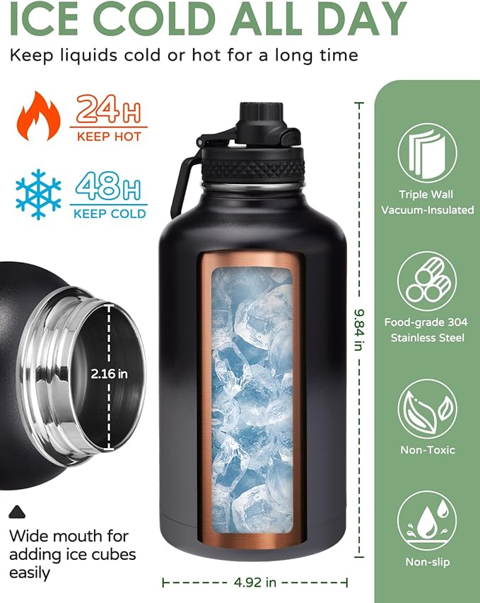 Half-gallon Insulated Water Bottle 64 oz - with Straw & Auto Spout Lid, Strap Carrier Pouch, Paracord Handle, Metal 1/2 Gallon Water Bottles Thermal Flask, Wide Mouth Hydro Jug for Hiking Camping
