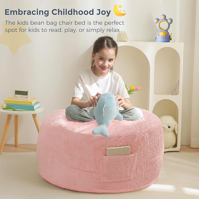 MAXYOYO Bean Bag Chair Bed for Kids, Convertible Bean Bag Folds from Lazy Chair to Floor Mattress Bed, Stuffed Floor Sofa Couch Sofa Bed for Boys and Girls, High-Density Foam Filling, Pink