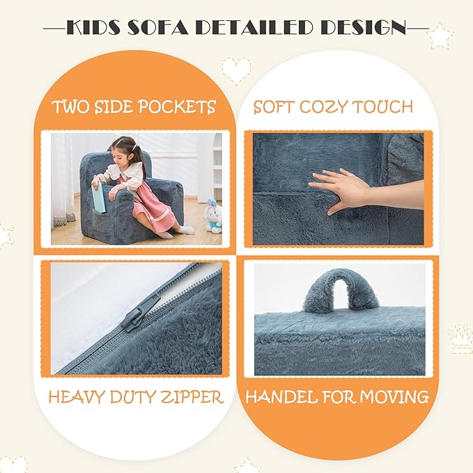 Snuggly-Soft Cuddly Toddler Plush Armchair for Boys and Girls Fuzzy Plush Kids Sofa Couch Reading Chair with Children Friendly Handle for Easy Movement & Double Pockets for Storage, Dark Grey