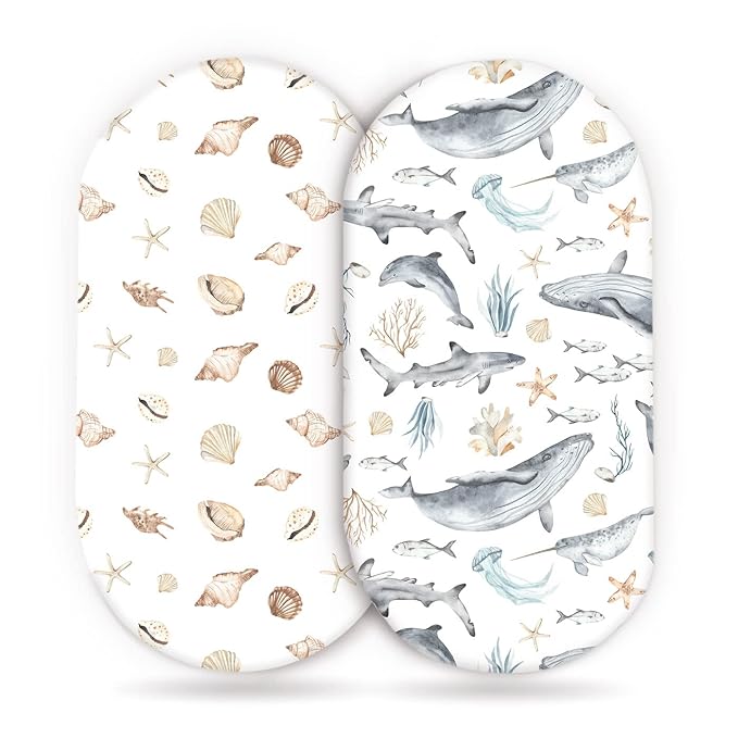 GRSSDER Stretchy Ultra Soft Fitted Bassinet Sheets Set 2 Pack, Cradle Sheet Universal Fit for Rectangle, Oval, or Hourglass Bassinet Pad/Mattress Safe and Snug, Stylish Cute Whale Sea Worl for Baby