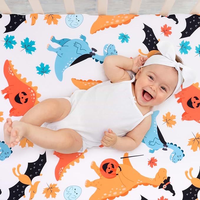 JISEN Baby Crib Sheet 1 Piece Portable Fitted Crib Sheet for Standard Crib and Toddler Mattresses Nursery Bed Decor for Boys Girls 28x52 Halloween Dinosaurs