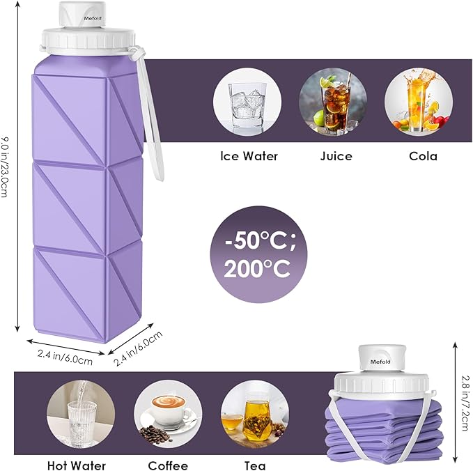 Collapsible Water Bottles,Leakproof BPA-Free Silicone Foldable Portable Water Bottle 610ml,Lightweight 21oz Reusable Wide Mouth Water bottle for Travel Cycling Gym Camping Sports Outdoor