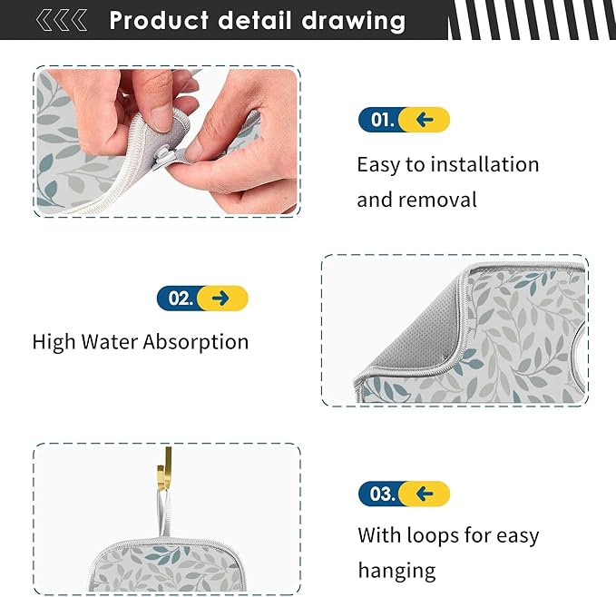 Gray and Blue Leaves Branches Faucet Water Catcher Mat 2 Pack Botanical Herbs Flowers Drying Mat Absorbent Bathroom Faucet Handle Drip Catcher Tray Bar RV Kitchen Sink Splash Guard 14x5 Inches