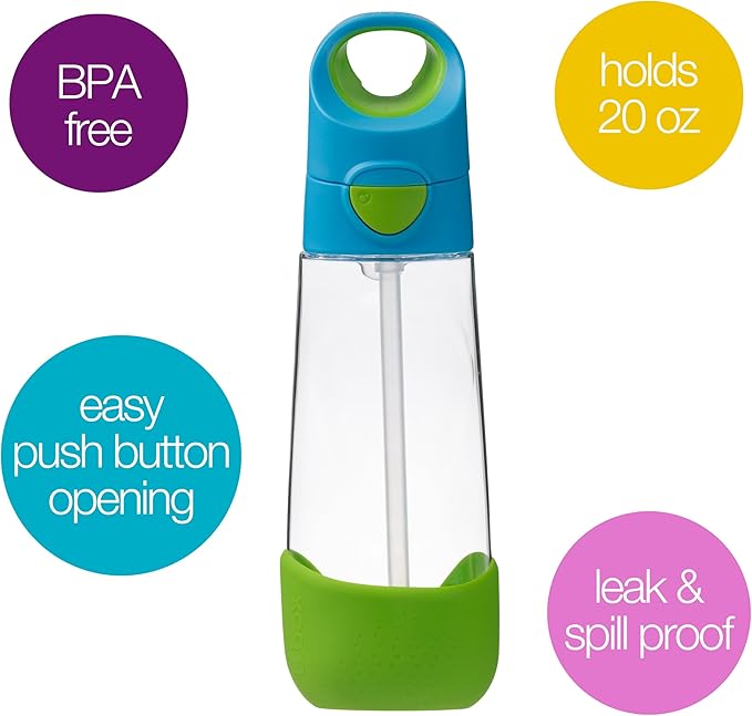 b.box 20oz Tritan Straw Bottle: Large, Modern Water Bottle with Flip Straw for Kids. Spill Proof, Leak Proof, BPA Free (Ocean Breeze, 20 oz)