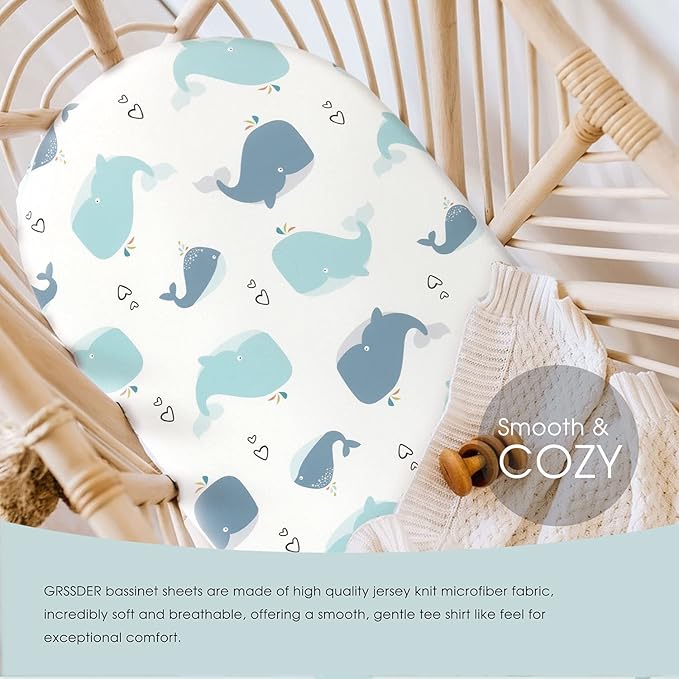 Stretchy Ultra Soft Fitted Bassinet Sheet Set 2 Pack, Universal Fit for Bassinets Baby Cradle Moses Basket Oval Rectangle Pad/Mattress, Lovely Whale Bassinet Sheets