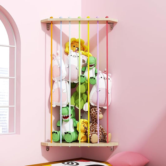 Stuffed Animals Storage for Corner | 4ft Adjustable Large Capacity Wooden Plushies Organizer with Colorful Elastic Cords | Easy Installation | Perfect for Kids' Rooms and Playrooms