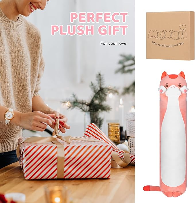 Long Cat Plush Kids Body Pillow, 53 Inch Cute Pink Cat Stuffed Animals Soft Plushies, Kitten Kawaii Plush Throw Pillow Doll Toy Gift for Girlfriend