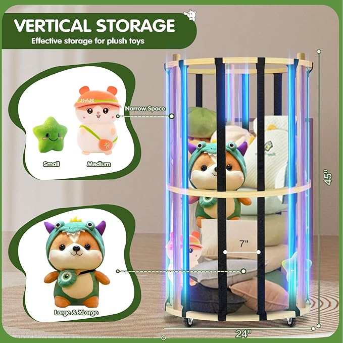Stuffed Animal Storage, Wood Stuffed Animals Zoo Storage Cage Organizer with Wider Elastic Band and 360° Wheels,Vertical Animals Toy Organizer for Nursery Playroom and Bedroom