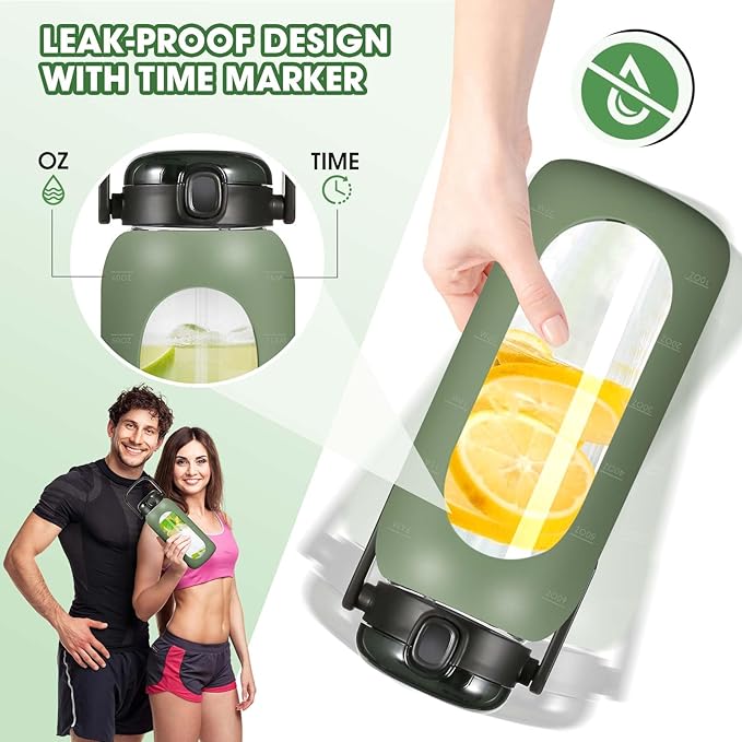 Glass Water Bottles 64 oz - Large Half Gallon Motivational Glass Water Bottle with Time Marker Straw Phone Holder Handle, 64oz Daily Water Intake Jug with Silicone Sleeve for Office Work Gym Olive
