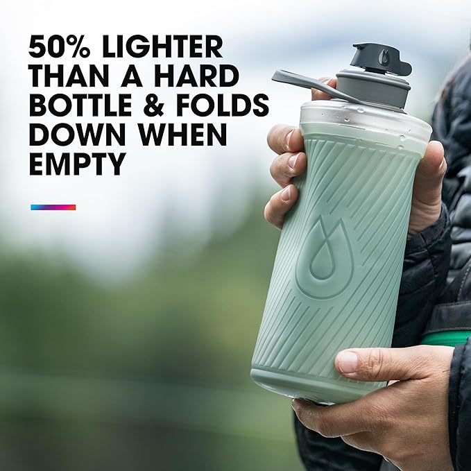 Hydrapak Flux - Collapsible Backpacking Water Bottle (1 Liter) - BPA Free, Ultra Light, Spill-Proof Twist Cap - Mammoth Grey