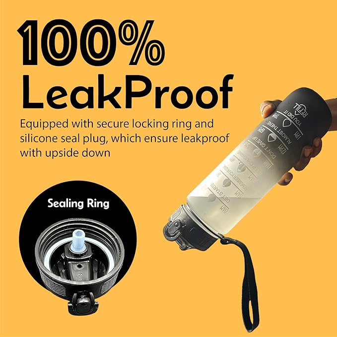 Yaa Fresh Water Bottles, 32oz Motivational Sports Water Bottle with Time Marker - Times to Drink - Tritan, BPA Free, Wide Mouth Leakproof, Fast Flow Technology with Clean Brush (1 Pack) (Black-White)