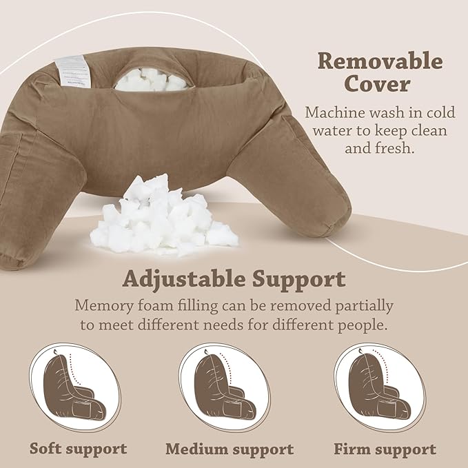 LOVTEX Reading Pillow with Removable Cover, Back Pillow for Sitting Up in Bed with Arms and Pockets, Bed Rest Pillow Adult, 20 x 15 Inches(Brown)