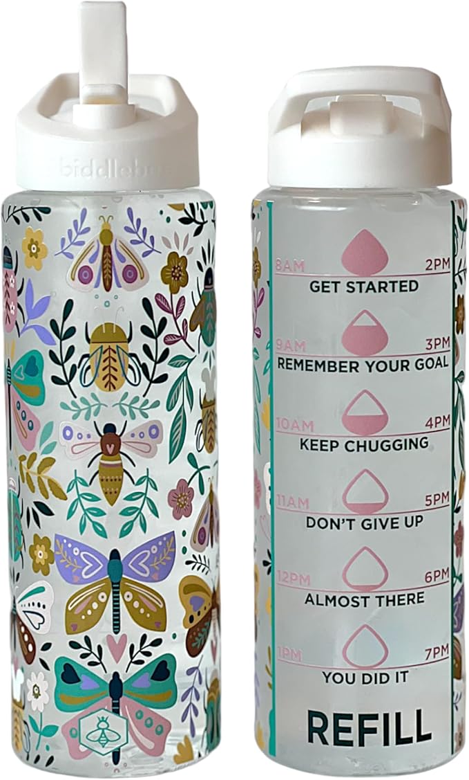 Biddlebee 32oz. Hydration Tracker Water Bottles with Times To Drink | Big Motivational Water Bottle with Time Marker, Straw Lid, & Measurements | BPA-Free (Garden Insects)
