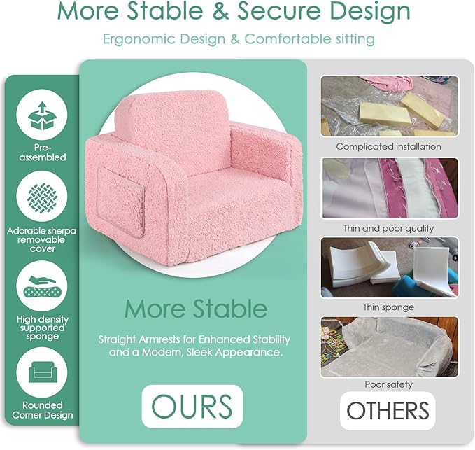 ACRABROS Kids Couch Toddler Chair: Sofa Bed Fold Out for Girls Boys Pink