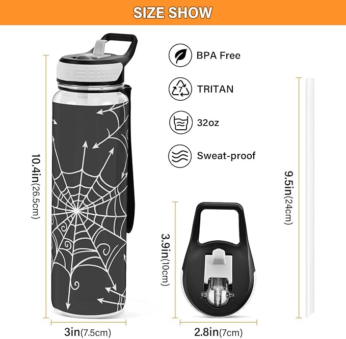 Water Bottle with Straw Spiderweb Halloween Sports Bottles BPA-Free Tritan Black Water Jug with Carrying Strap for Women Men Gym Outdoor Sports