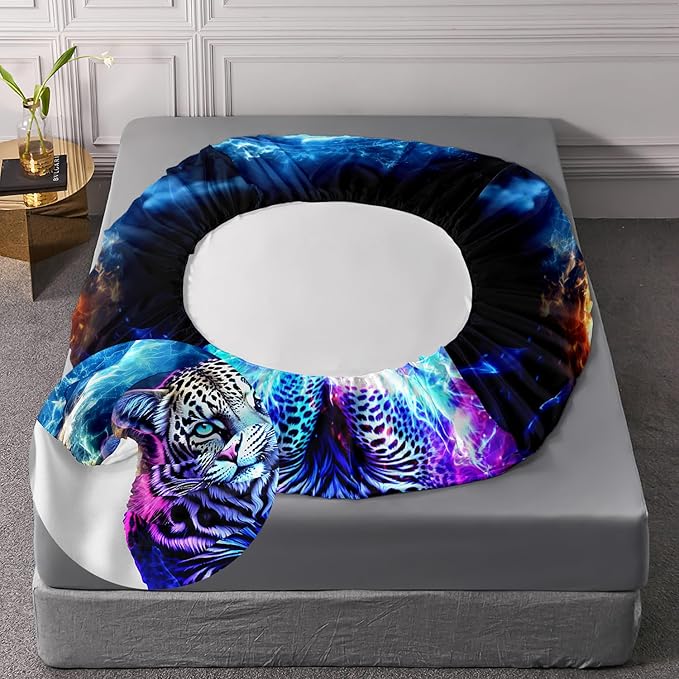 AILONEN Leopard Fitted Sheet Set Full Size, Boys Blue Smoky 3 Pieces Printed Cheetah Bed Sheet Set,Wildlife Fitted Sheet with 2 Pillowcases