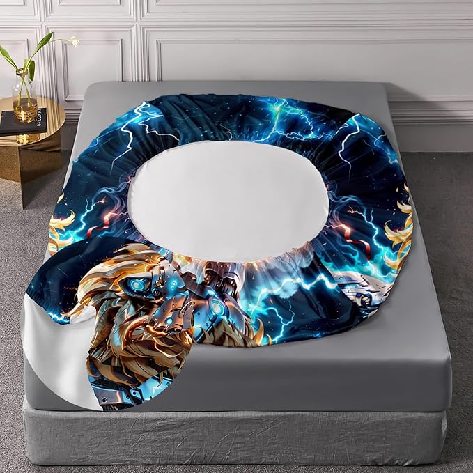 AILONEN Boys Lion Fitted Sheet Set Full Size, Safari Animal Lion Blue Lightning 3 Pieces Printed Kids Bed Sheet Set,Wildlife Fitted Sheet with 2 Pillowcases